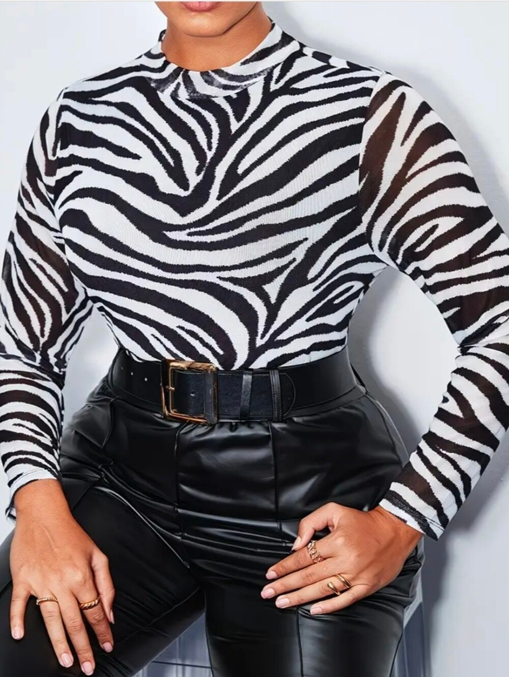 Zebra Print Plus Mesh Mock Neck Long Sleeve Top - Black & White